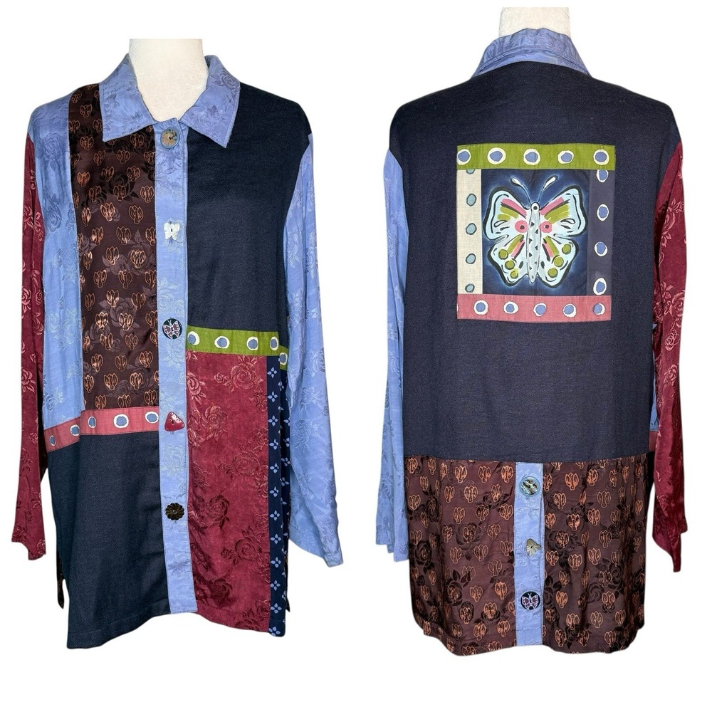 USINDO Tunic XL‎ Linen Patchwork Boho Peasant Blouse Lagenlook Painted Artsy